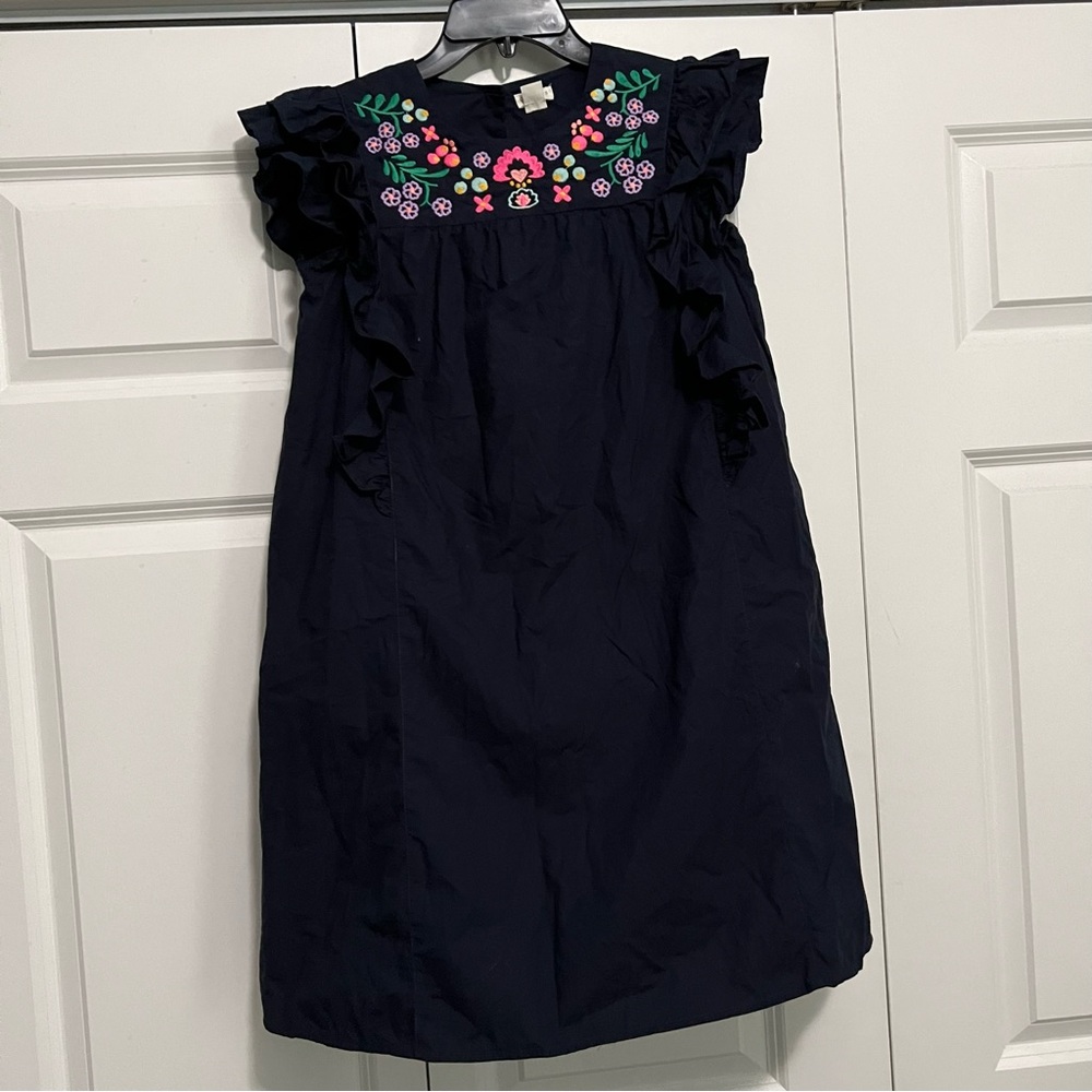 Crewcuts Navy Dress with Pink & Green Floral Embroidery